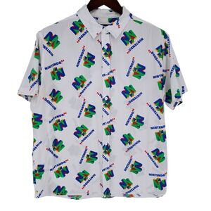 Nintendo 64 All Over Print Button Up Shirt Men's XL White Retro Gaming Cotton